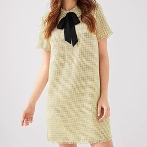 Tie Neck Frayed Edge Tweed Dress